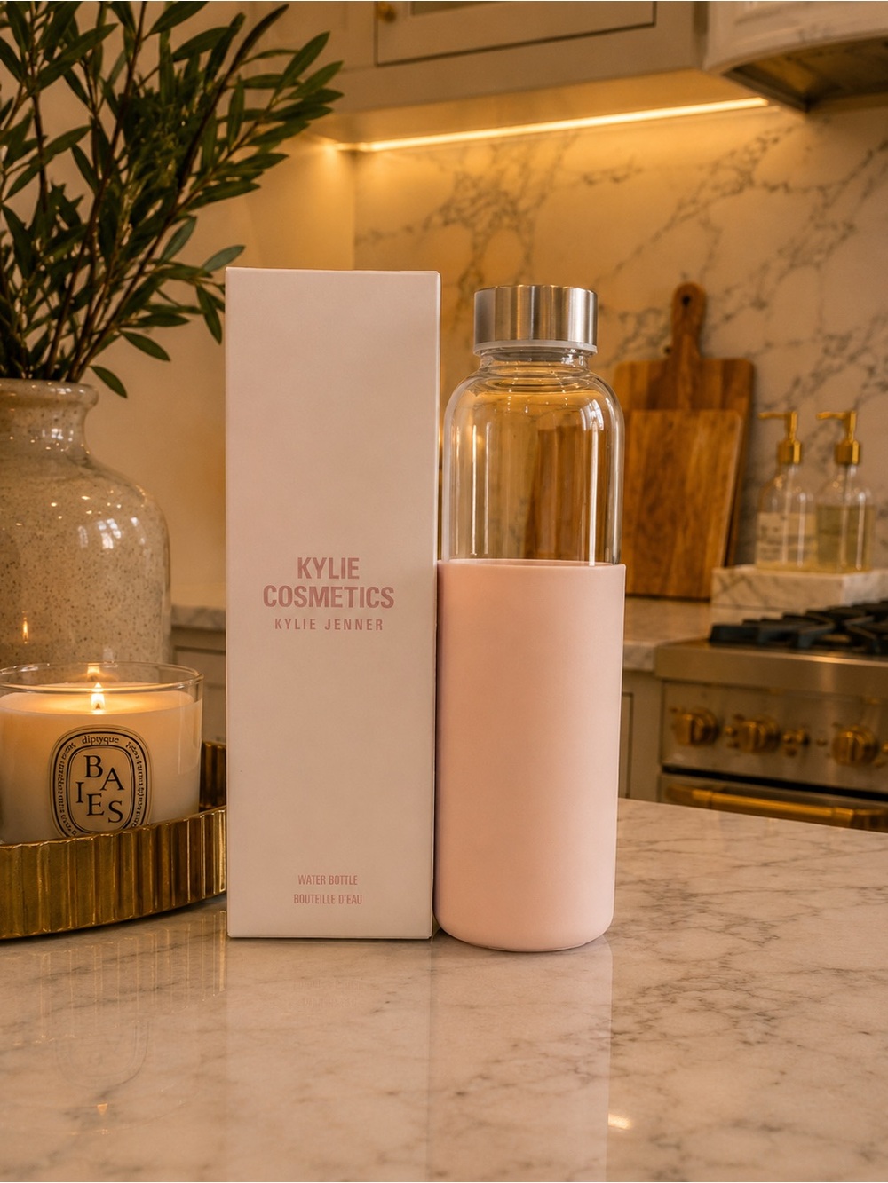 Kylie Cosmetics Water Bottle Pink Glass Water Bottle w/ Silicone Sleeve